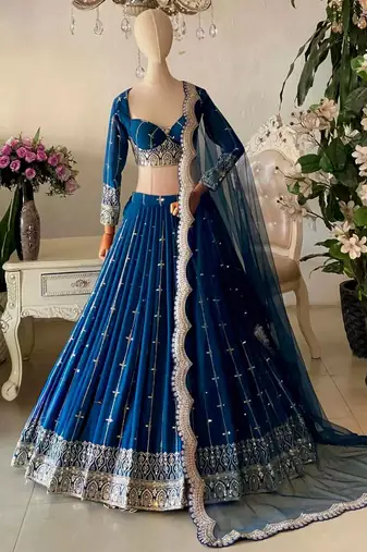 Elegance Royal Blue Zari and Sequins Embroidered Indian Designer Wedding Lehenga Choli