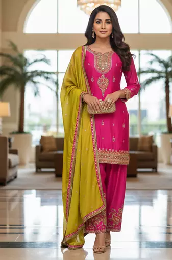 Pink color smart and graceful chinon fabric heavy salwar kameez