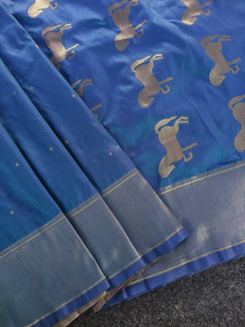 Premium blue soft silk blend saree with golden horse motifs