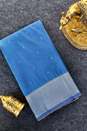Premium blue soft silk blend saree with golden horse motifs