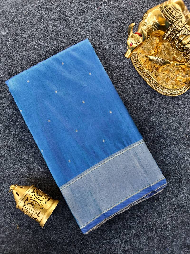 Premium blue soft silk blend saree with golden horse motifs