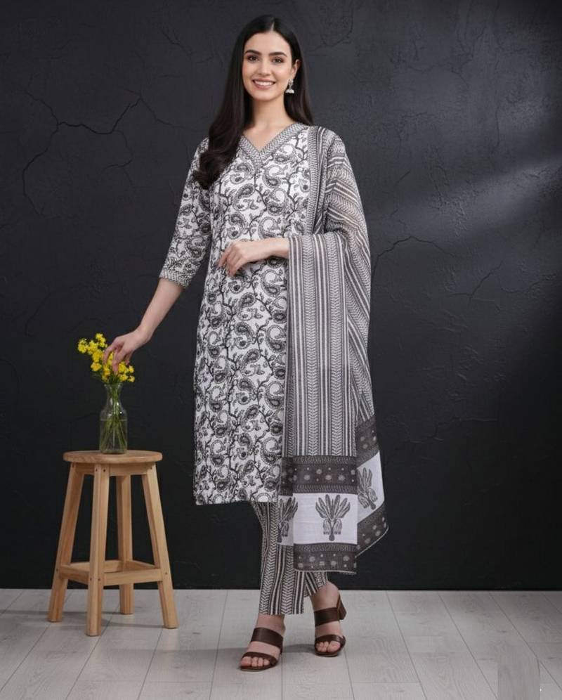 Grey color cotton fabric stylish ceremonial wear kurta set