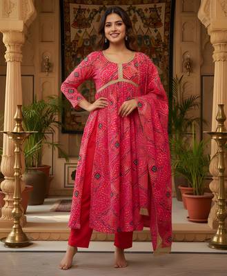 Red color delta silk fabric stylish ceremonial wear kurta set 1