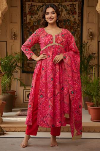 Red color delta silk fabric stylish ceremonial wear kurta set