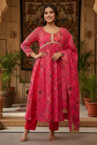 Red color delta silk fabric stylish ceremonial wear kurta set