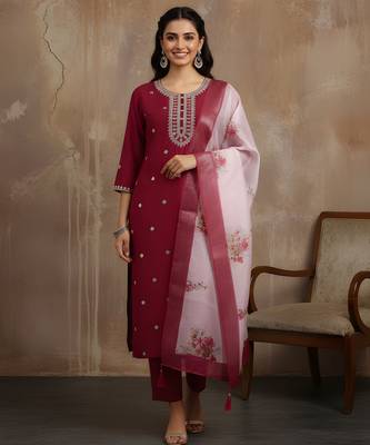 Maroon color roman silk fabric stylish ceremonial wear kurta set 1