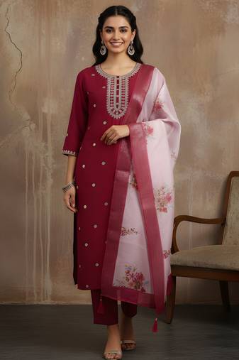 Maroon color roman silk fabric stylish ceremonial wear kurta set