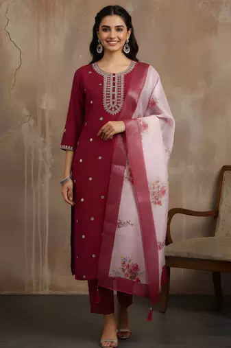 Maroon color roman silk fabric stylish ceremonial wear kurta set