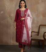 Maroon color roman silk fabric stylish ceremonial wear kurta set