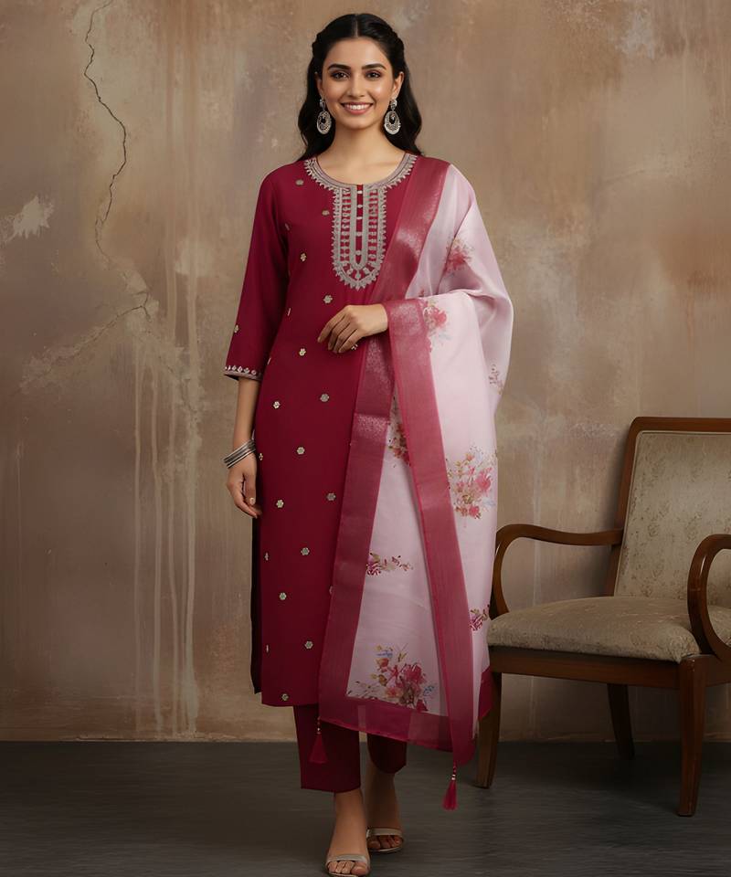 Maroon color roman silk fabric stylish ceremonial wear kurta set