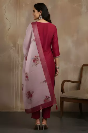 Maroon color roman silk fabric stylish ceremonial wear kurta set