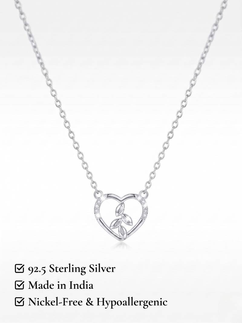 925 Sterling Silver Heart & Leaf Pendant Necklace Set  for Women,Nature Inspired Gift for Her