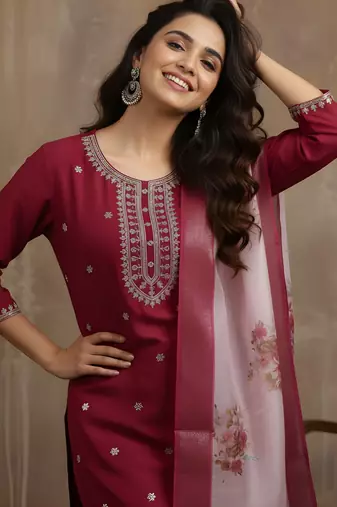 Maroon color roman silk fabric stylish ceremonial wear kurta set