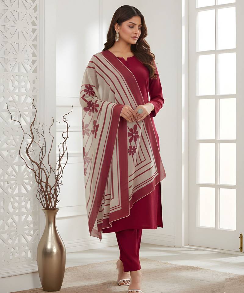 Red color roman silk fabric stylish ceremonial wear kurta set