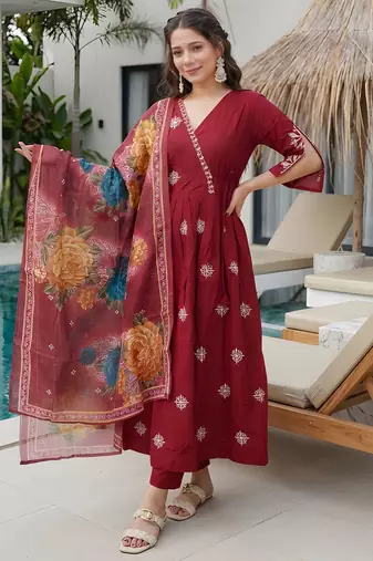 Maroon color roman silk fabric stylish ceremonial wear kurta set