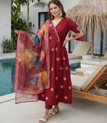 Maroon color roman silk fabric stylish ceremonial wear kurta set