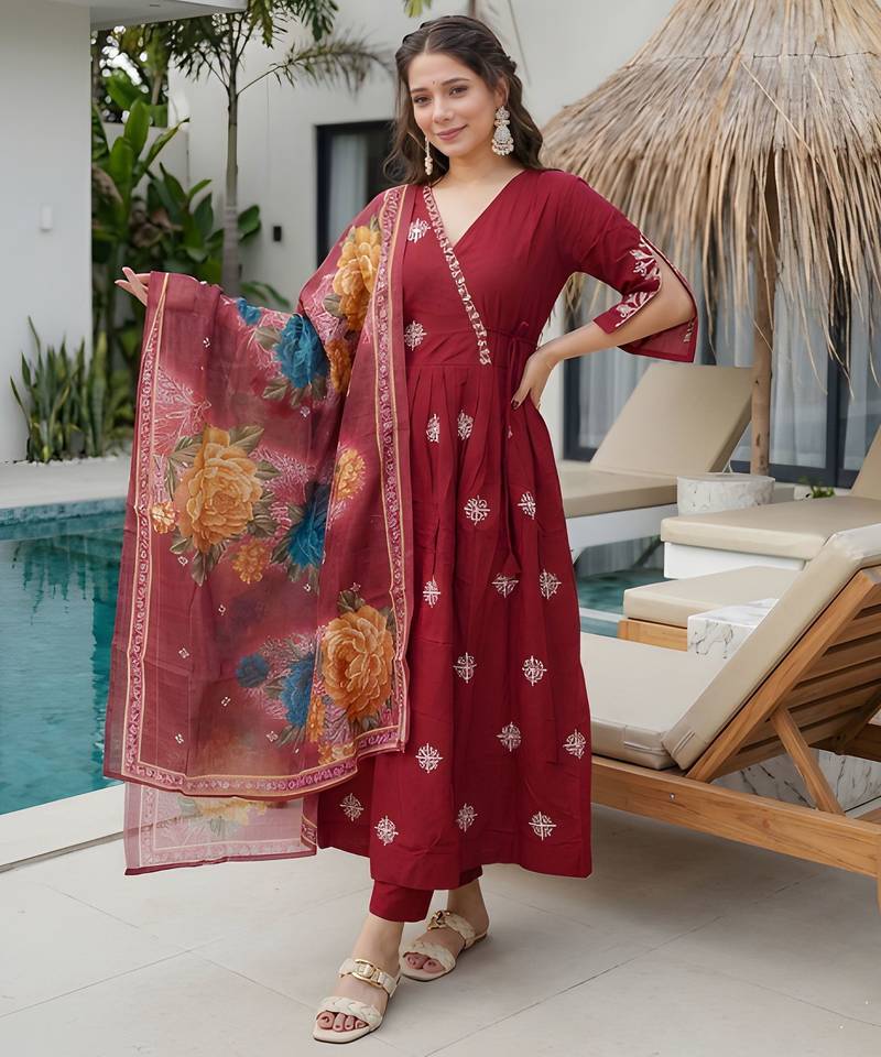 Maroon color roman silk fabric stylish ceremonial wear kurta set