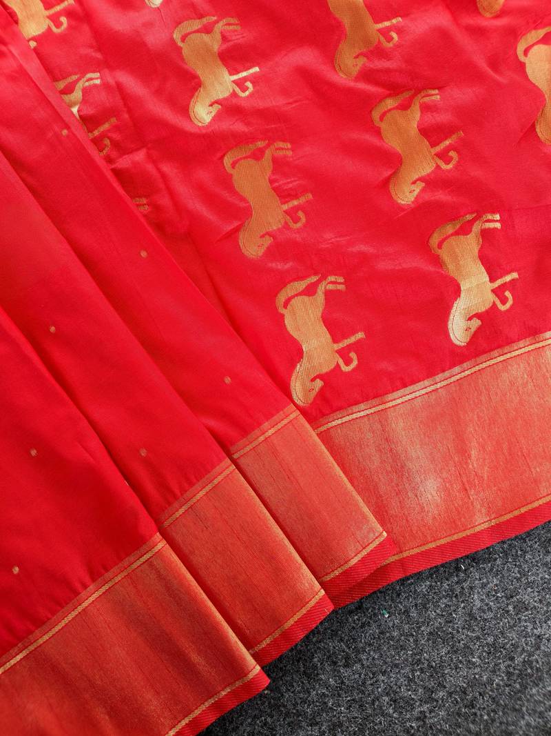 Premium red soft silk saree with golden horse motifs