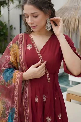 Maroon color roman silk fabric stylish ceremonial wear kurta set
