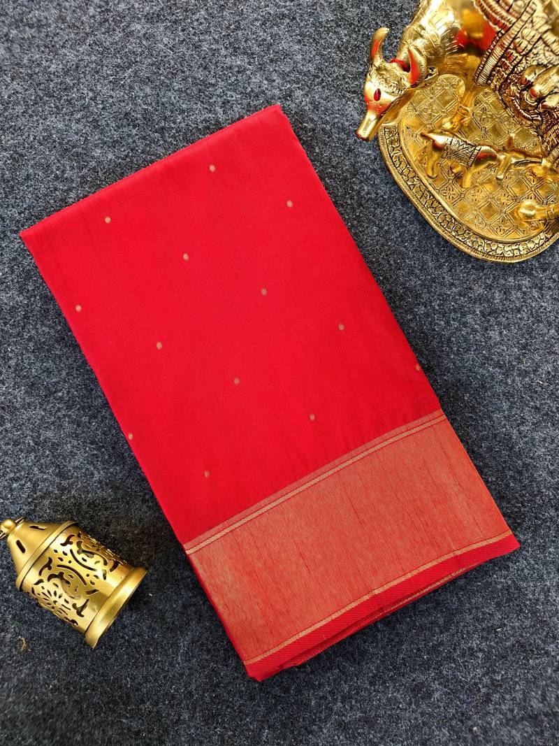Premium red soft silk saree with golden horse motifs