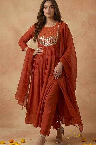 Rust color cambric cotton fabric stylish ceremonial wear kurta set