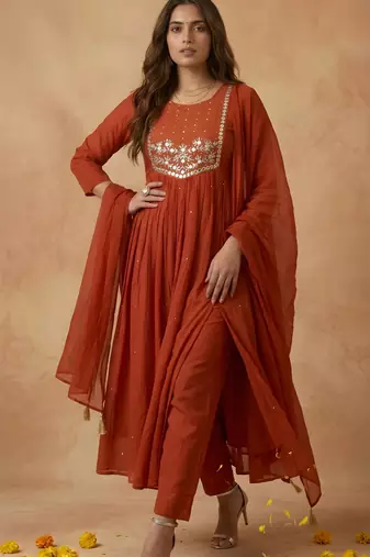 Rust color cambric cotton fabric stylish ceremonial wear kurta set