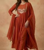 Rust color cambric cotton fabric stylish ceremonial wear kurta set