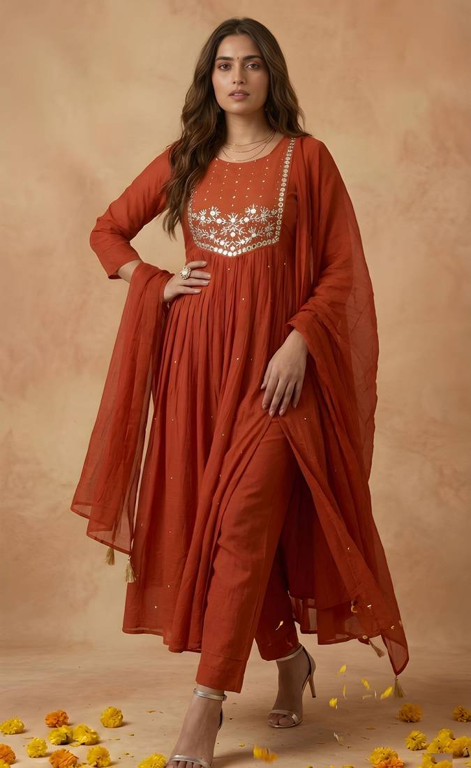 Rust color cambric cotton fabric stylish ceremonial wear kurta set