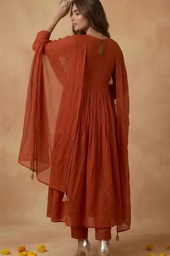 Rust color cambric cotton fabric stylish ceremonial wear kurta set