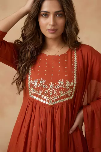 Rust color cambric cotton fabric stylish ceremonial wear kurta set