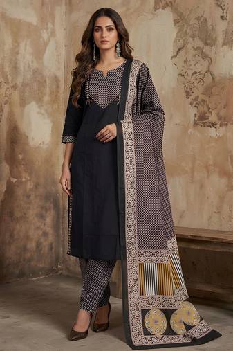 Black color cotton fabric stylish ceremonial wear kurta set