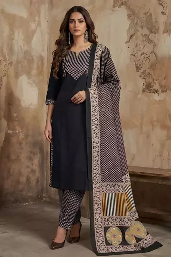 Black color cotton fabric stylish ceremonial wear kurta set