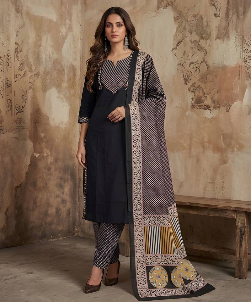 Black color cotton fabric stylish ceremonial wear kurta set