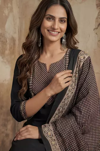 Black color cotton fabric stylish ceremonial wear kurta set