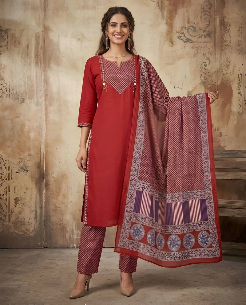 Maroon color cotton fabric stylish ceremonial wear kurta set
