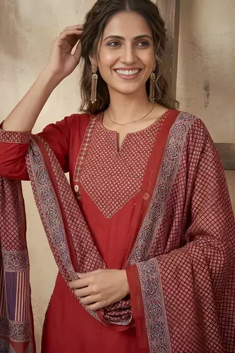 Maroon color cotton fabric stylish ceremonial wear kurta set