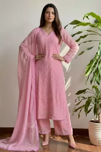 Pink color georgette fabric stylish ceremonial wear kurta set