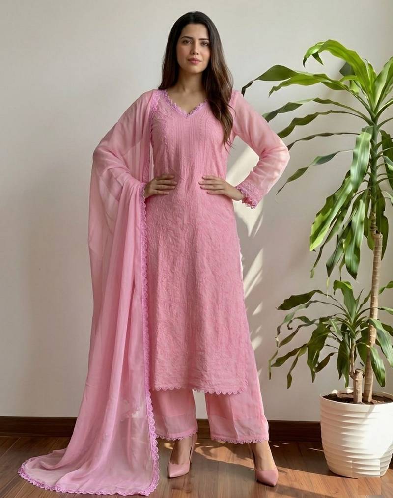 Pink color georgette fabric stylish ceremonial wear kurta set