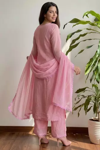 Pink color georgette fabric stylish ceremonial wear kurta set