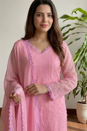Pink color georgette fabric stylish ceremonial wear kurta set