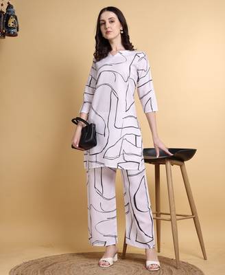 White color smart maharaja linen fabric designer printed smart girlie co-ord set 1