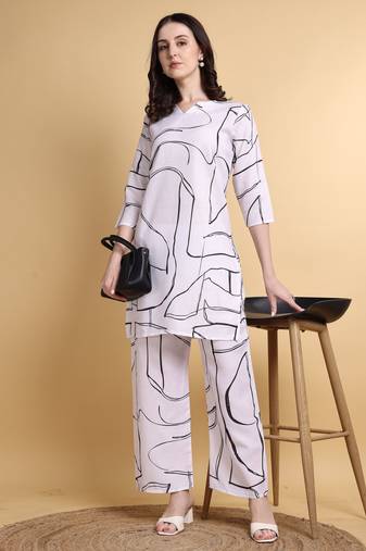 White color smart maharaja linen fabric designer printed smart girlie co-ord set
