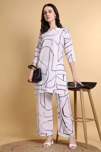 White color smart maharaja linen fabric designer printed smart girlie co-ord set