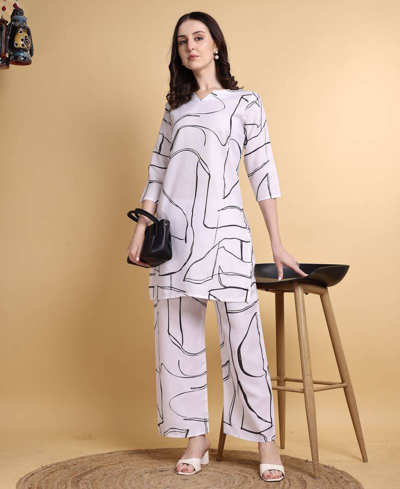 White color smart maharaja linen fabric designer printed smart girlie co-ord set