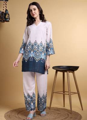 Off white color smart maharaja linen fabric designer printed smart girlie co-ord set 1