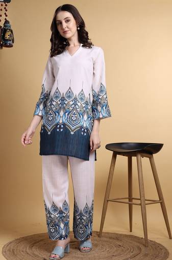 Off white color smart maharaja linen fabric designer printed smart girlie co-ord set