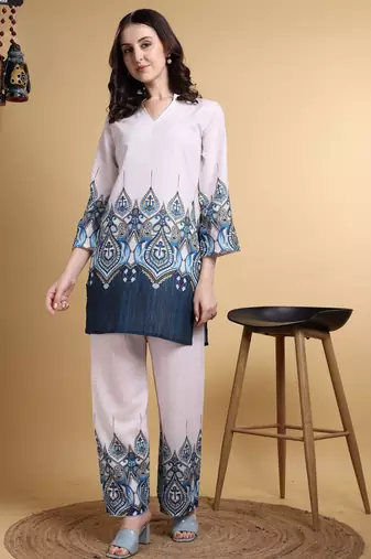 Off white color smart maharaja linen fabric designer printed smart girlie co-ord set