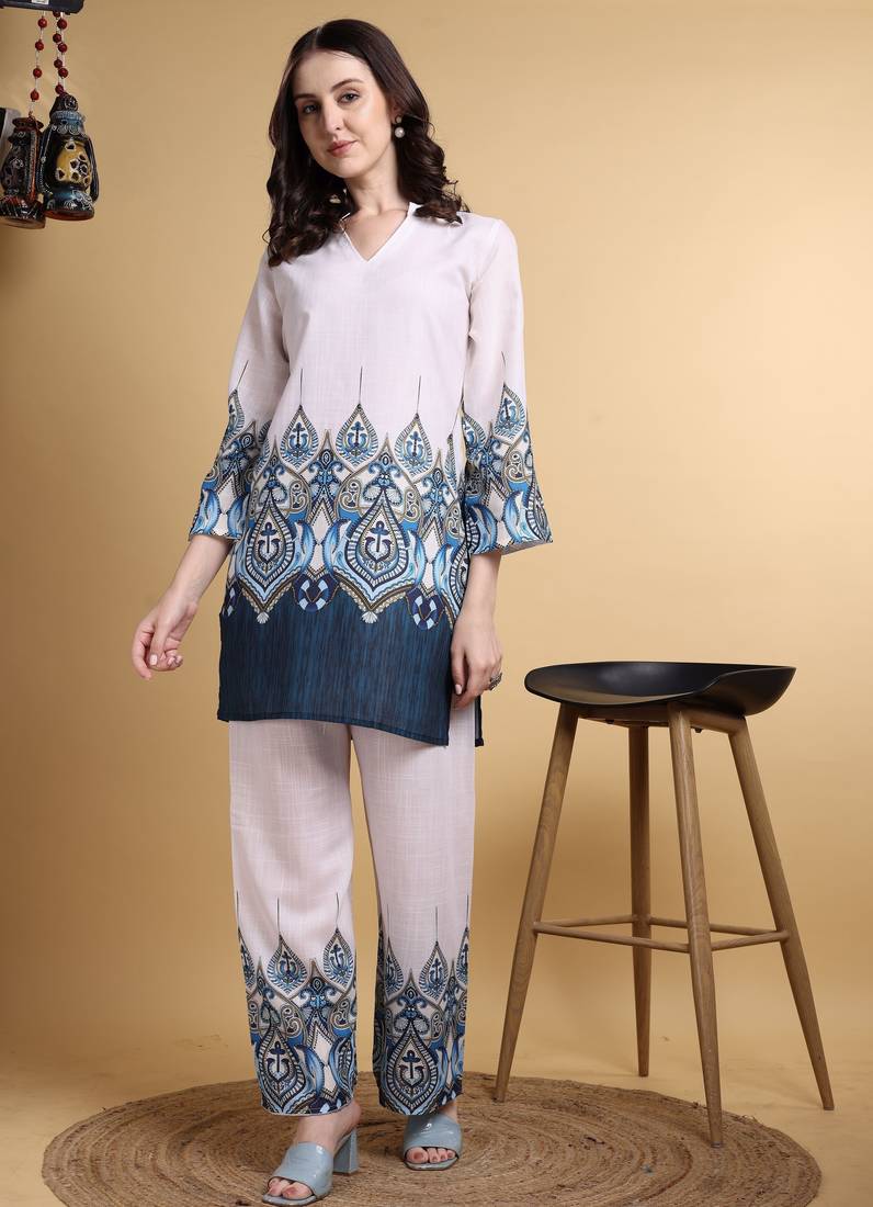 Off white color smart maharaja linen fabric designer printed smart girlie co-ord set