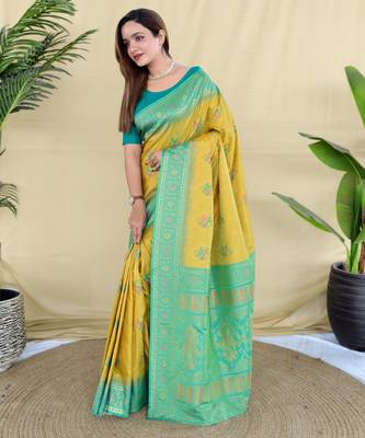 Mustard pure zari weaving silk saree with imaginative blouse piece 2