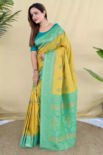 Mustard pure zari weaving silk saree with imaginative blouse piece